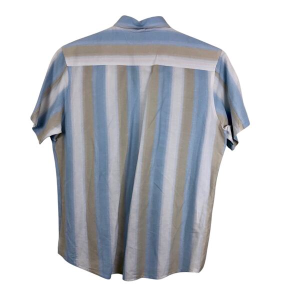 INC International Concepts Blue Tan Stripe Short Sleeve Button Front Shirt - Picture 3 of 16